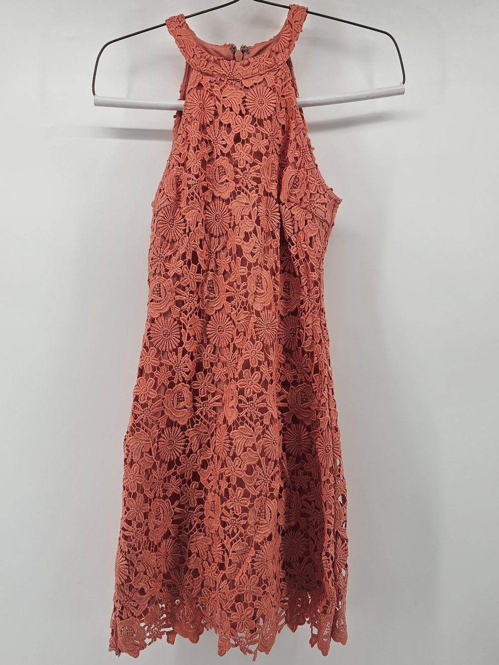 Lulu's Coral Crochet Halter Mini Dress